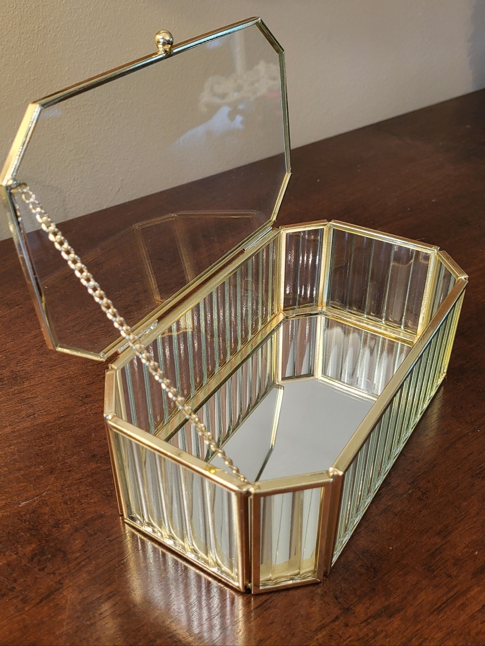 Rachel Roy Gold Tone Metal / Glass Hinged Lid Mirrored Jewelry Trinket Box